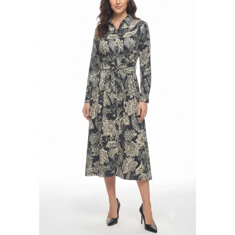 Shoshanna Sz 6 Navy Ivory Floral Print Essie Long Sleeve Fall Midi Shirt Dress